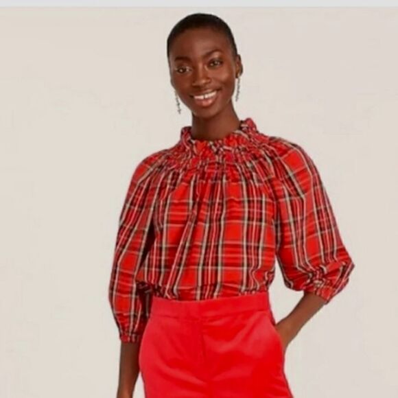 J CREW Ruffleneck Red Tartan Plaid Cotton Blouse Sz XSMALL NWT - Picture 2 of 11